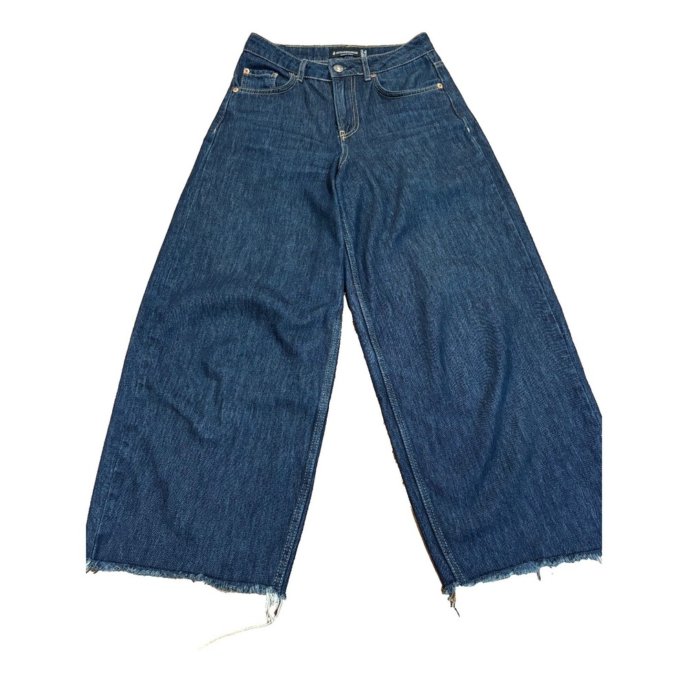Stradivarius ultra wide leg crop raw hem dark‎ blue denim jeans womens' sz 2